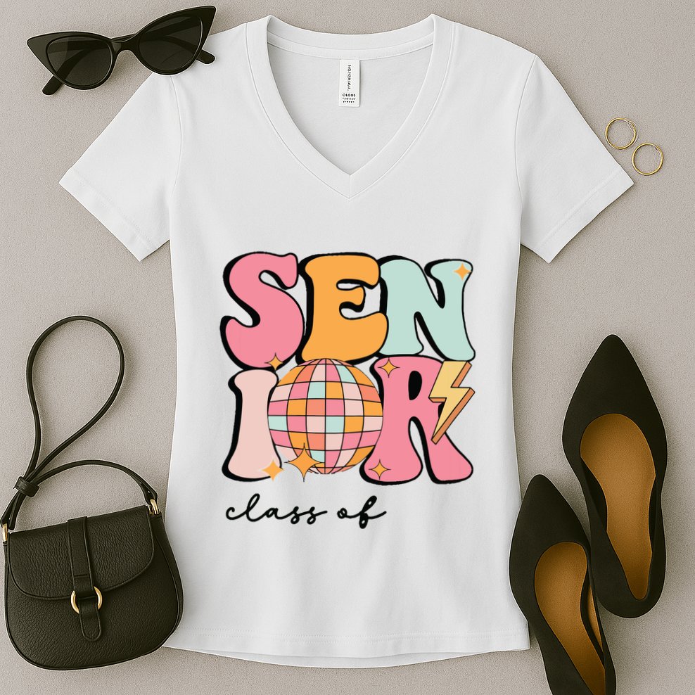 Senior 2025 Disco Ball Cute Retro Groovy Girl Women's V-Neck T-Shirt