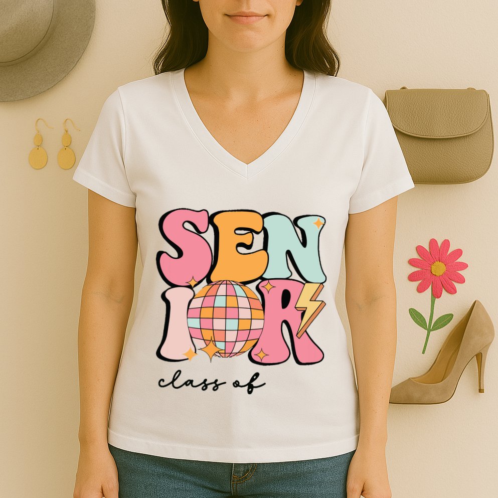 Senior 2025 Disco Ball Cute Retro Groovy Girl Women's V-Neck T-Shirt