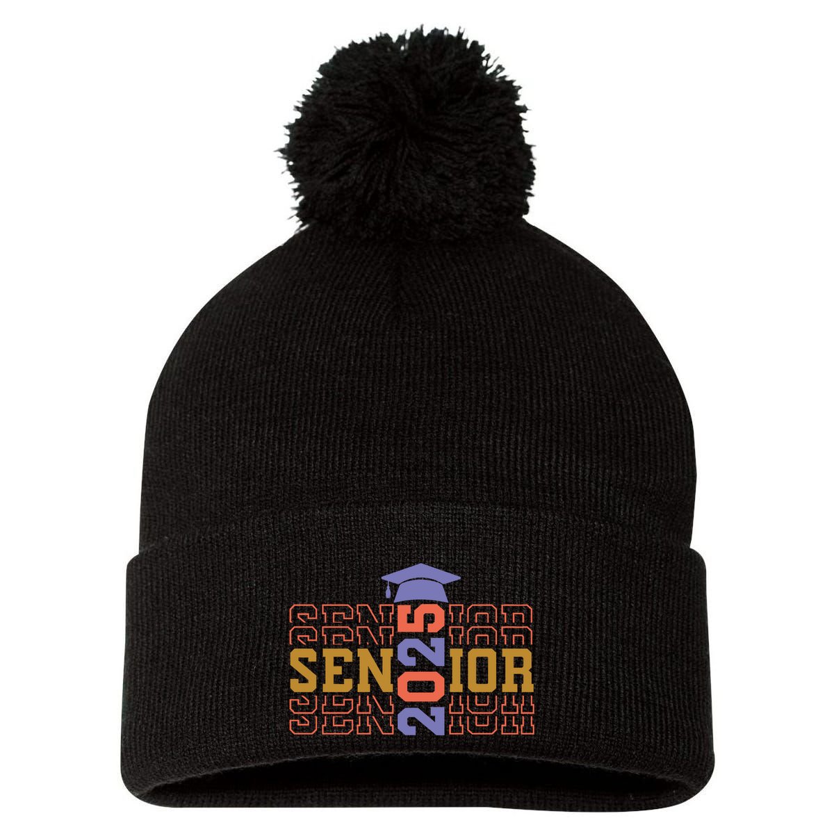 Senior 2025 Front And Back Design Pom Pom 12in Knit Beanie