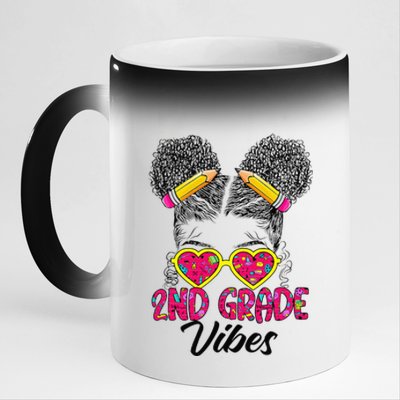 Second 2nd Grade Vibes Messy Bun Back To School Afro 11oz Black Color Changing Mug