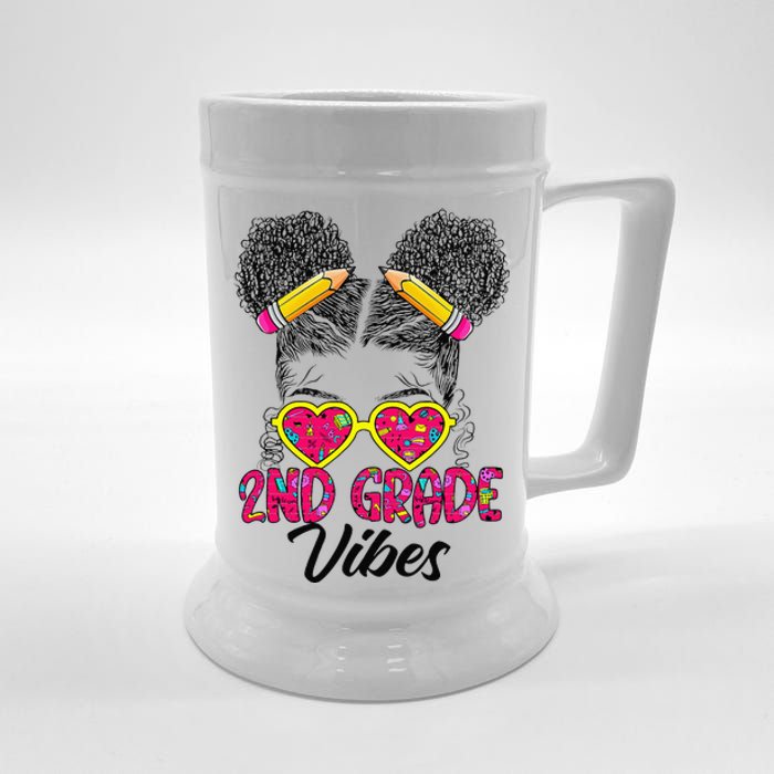 Second 2nd Grade Vibes Messy Bun Back To School Afro Beer Stein