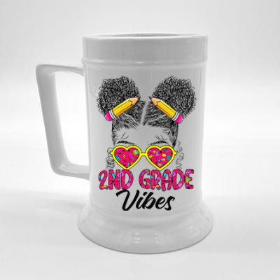 Second 2nd Grade Vibes Messy Bun Back To School Afro Beer Stein