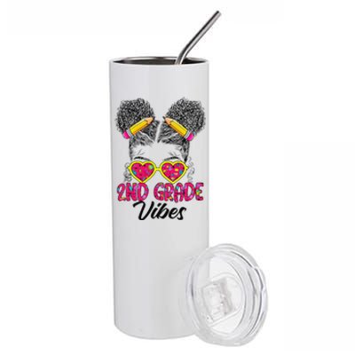 Second 2nd Grade Vibes Messy Bun Back To School Afro Stainless Steel Tumbler