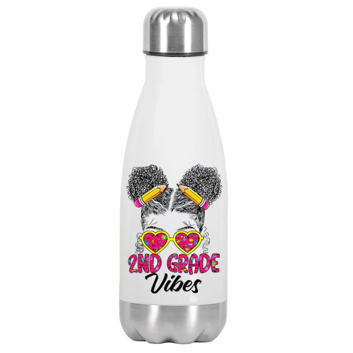 Second 2nd Grade Vibes Messy Bun Back To School Afro Stainless Steel Insulated Water Bottle