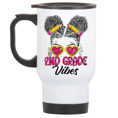 Second 2nd Grade Vibes Messy Bun Back To School Afro Stainless Steel Travel Mug