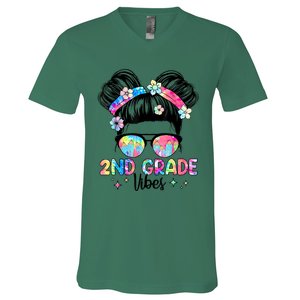 Second 2nd Grade Vibes Back To School Cute Messy Bun Girls V-Neck T-Shirt