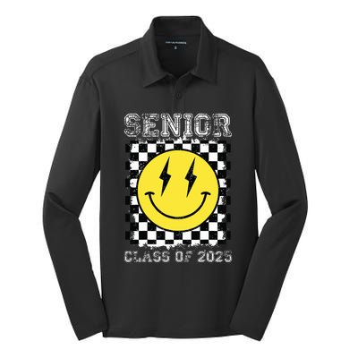 Senior 2025 Graduation Retro Happy Smile Face Class Of 2025 Silk Touch Performance Long Sleeve Polo