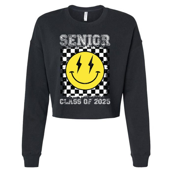 Senior 2025 Graduation Retro Happy Smile Face Class Of 2025 Cropped Pullover Crew
