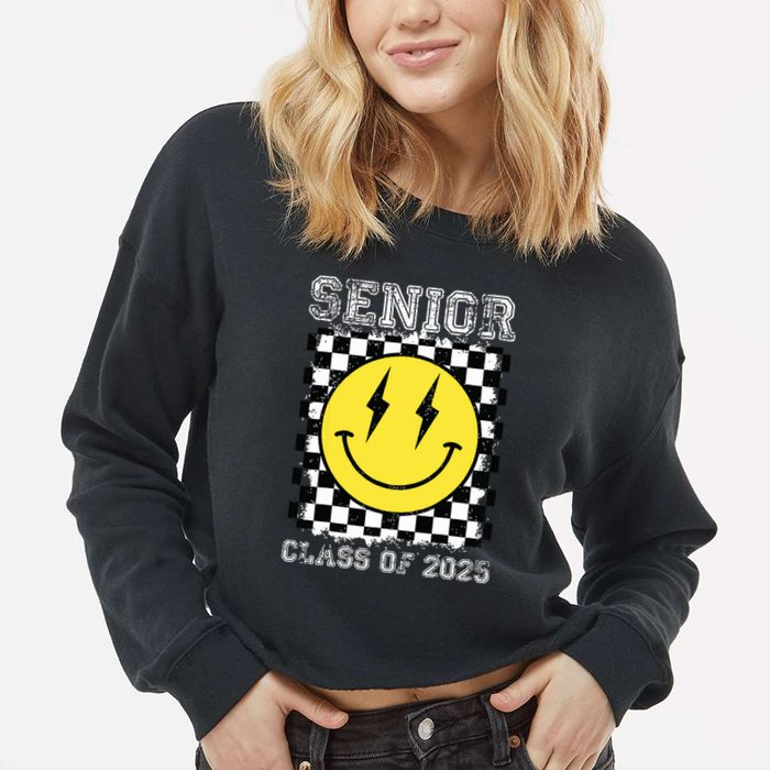Senior 2025 Graduation Retro Happy Smile Face Class Of 2025 Cropped Pullover Crew