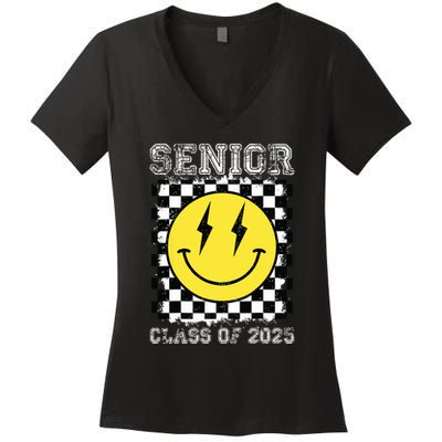 Senior 2025 Graduation Retro Happy Smile Face Class Of 2025 Women's V-Neck T-Shirt