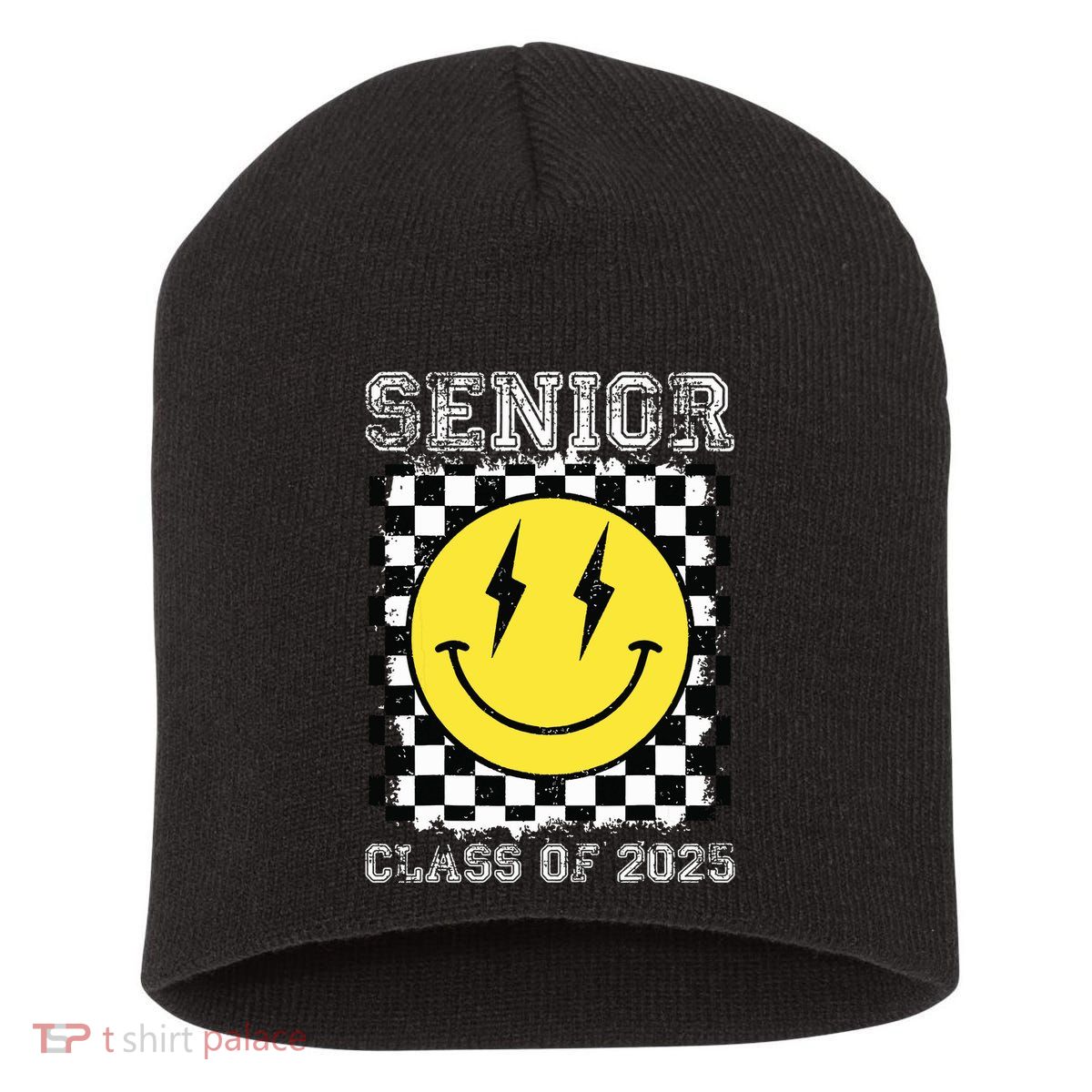 Senior 2025 Graduation Retro Happy Smile Face Class Of 2025 Short Acrylic Beanie