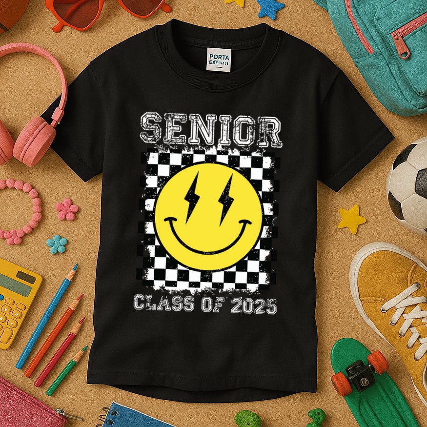 Senior 2025 Graduation Retro Happy Smile Face Class Of 2025 Kids T-Shirt