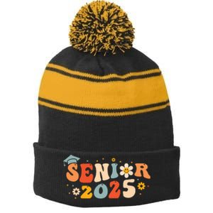 Senior 2025 Groovy Retro Senior Class Of 2025 Graduation Stripe Pom Pom Beanie