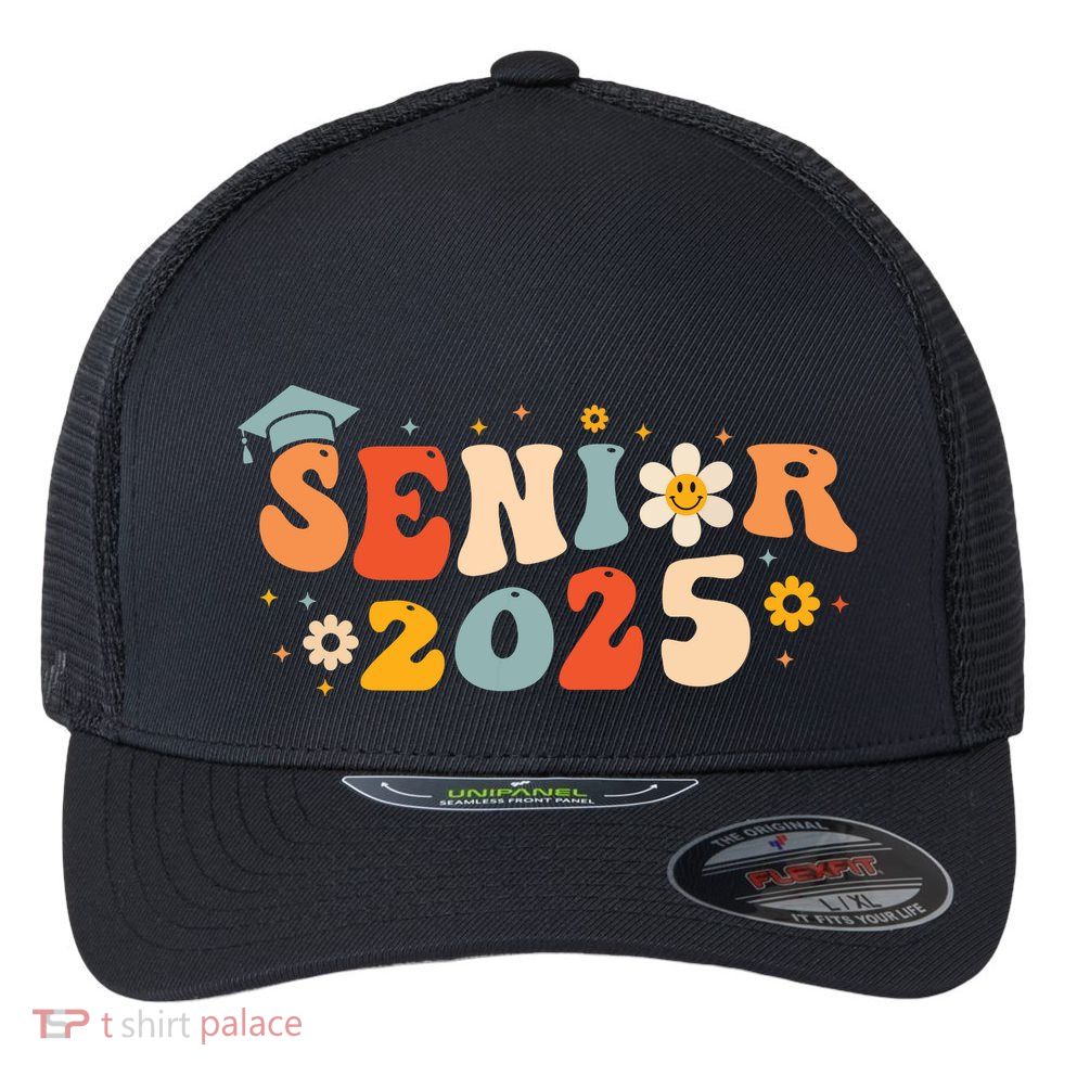 Senior 2025 Groovy Retro Senior Class Of 2025 Graduation Flexfit Unipanel Trucker Cap