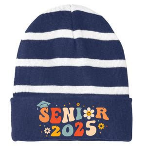 Senior 2025 Groovy Retro Senior Class Of 2025 Graduation Striped Beanie with Solid Band