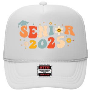 Senior 2025 Groovy Retro Senior Class Of 2025 Graduation High Crown Mesh Back Trucker Hat