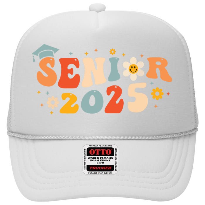 Senior 2025 Groovy Retro Senior Class Of 2025 Graduation High Crown Mesh Back Trucker Hat