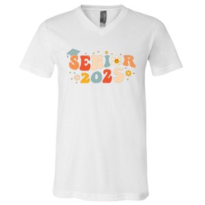 Senior 2025 Groovy Retro Senior Class Of 2025 Graduation V-Neck T-Shirt