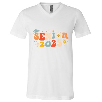 Senior 2025 Groovy Retro Senior Class Of 2025 Graduation V-Neck T-Shirt