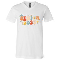 Senior 2025 Groovy Retro Senior Class Of 2025 Graduation V-Neck T-Shirt