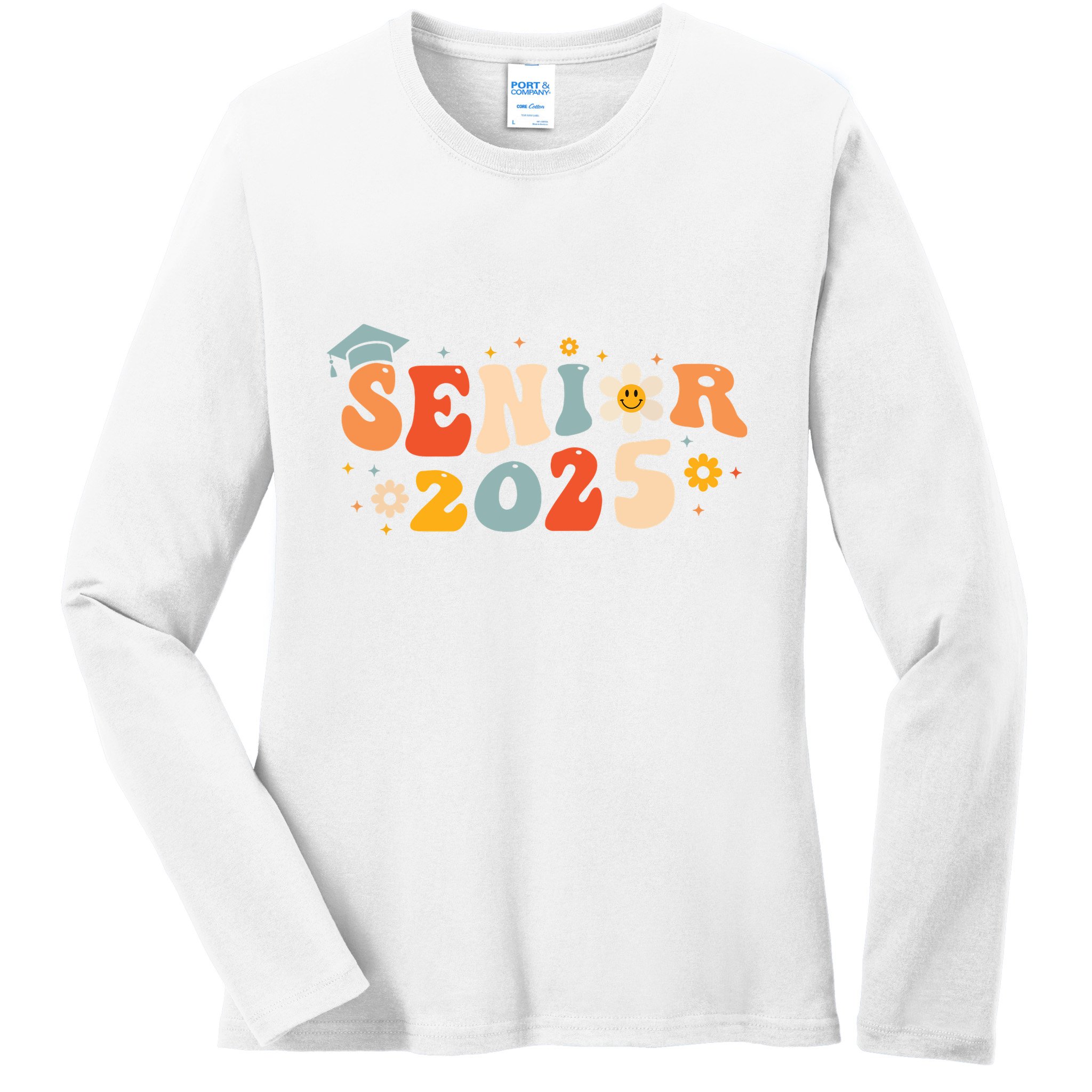 Senior 2025 Groovy Retro Senior Class Of 2025 Graduation Ladies Long Sleeve Shirt