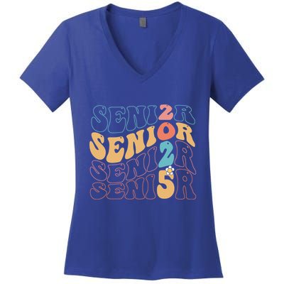 Senior 25 Graduation Class Of 2025 Cute Groovy Senior 2025 Gift Women's V-Neck T-Shirt