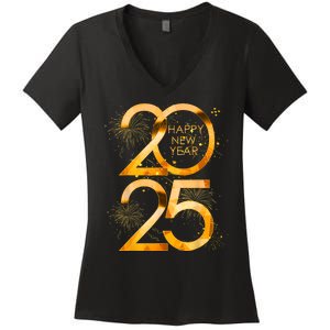 Supplies 2025 Happy New Year Party Family Matching Fireworks Gift Women's V-Neck T-Shirt