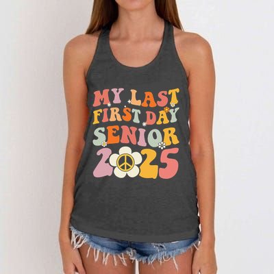 Senior 2025 My First Last Day College Graduation Year Women's Knotted Racerback Tank