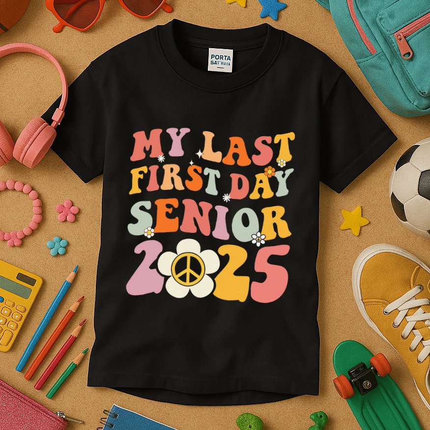 Senior 2025 My First Last Day College Graduation Year Kids T-Shirt