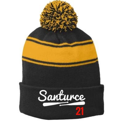 Santurce 21 Puerto Rico Baseball Stripe Pom Pom Beanie