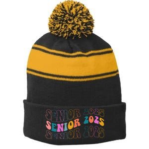 Senior 2025 Retro Class Of 2025 Seniors Graduation Stripe Pom Pom Beanie