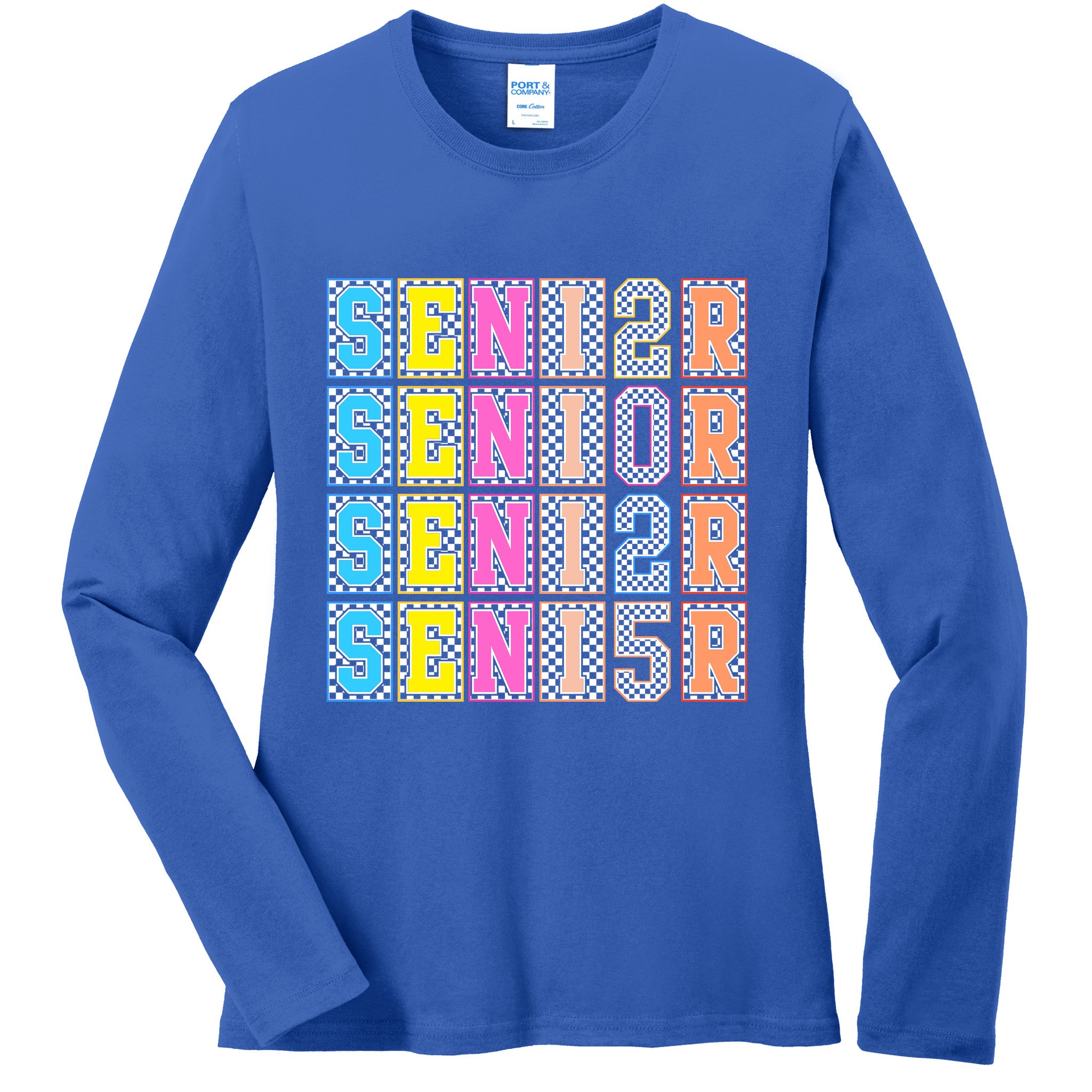 Senior 2025 Retro Checkered Ladies Long Sleeve Shirt