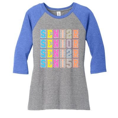 Senior 2025 Retro Checkered Women's Tri-Blend 3/4-Sleeve Raglan Shirt