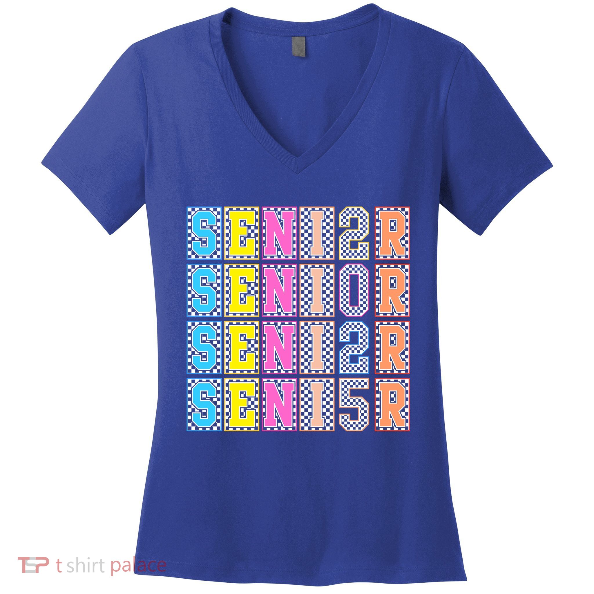 Senior 2025 Retro Checkered Women's V-Neck T-Shirt