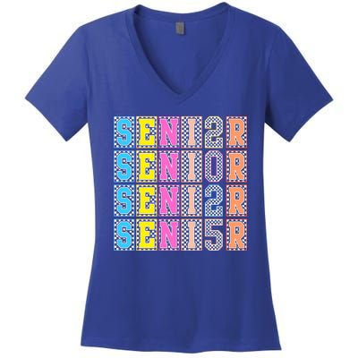 Senior 2025 Retro Checkered Women's V-Neck T-Shirt