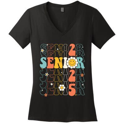Senior 2025 Retro Groovy Class Of 2025 Graduation Senior 25 Women's V-Neck T-Shirt