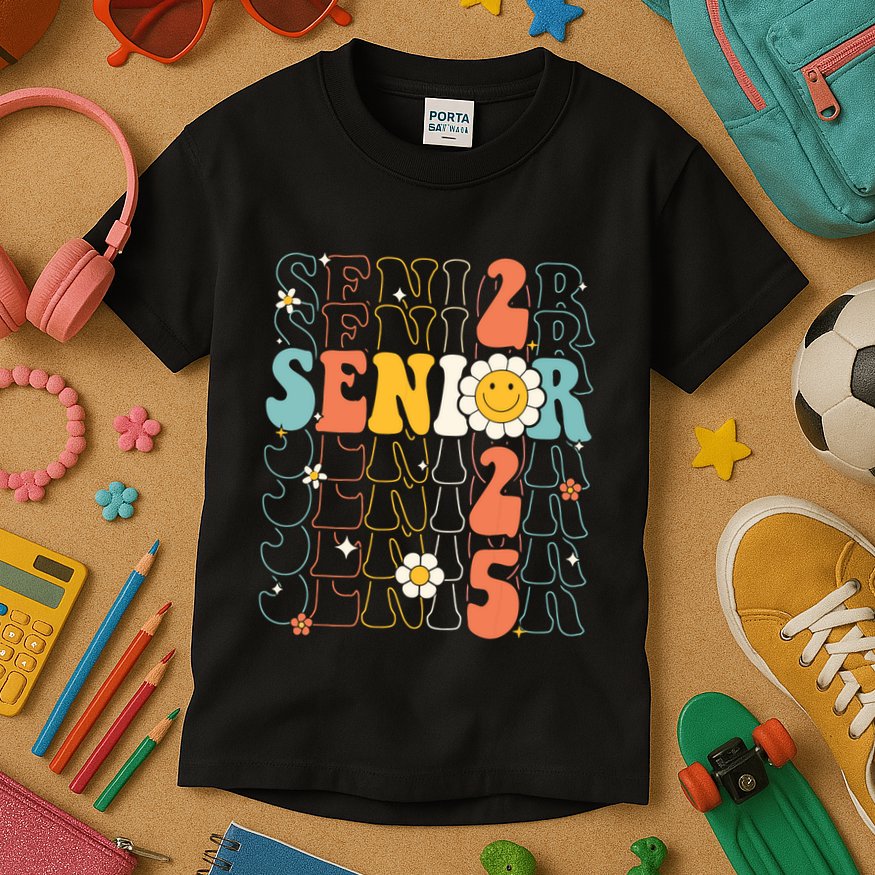 Senior 2025 Retro Groovy Class Of 2025 Graduation Senior 25 Kids T-Shirt