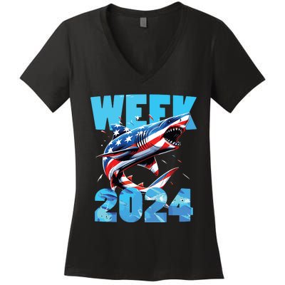 Shark 2024 Week Passion For Shark Usa America Flag Women's V-Neck T-Shirt