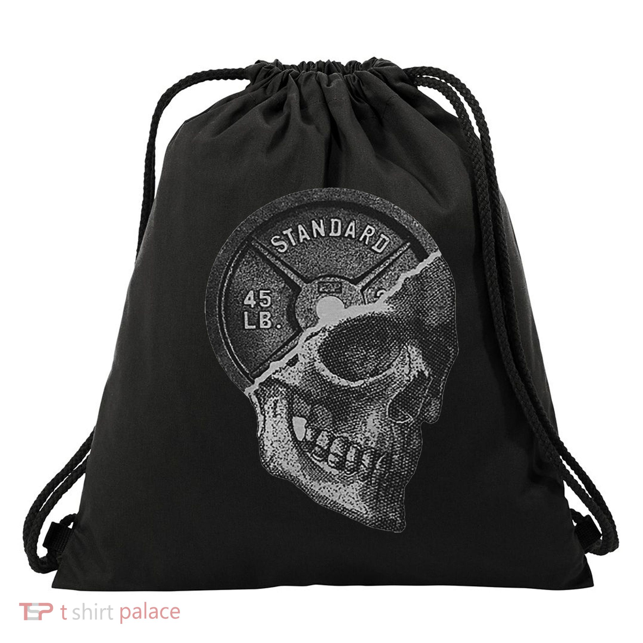 Skull & 45 Lbs Plate Weight Lifting Gym Working Out Drawstring Bag