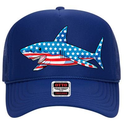 Shark 4th Of July American Flag Jawsome Gift High Crown Mesh Back Trucker Hat