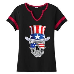 Skull 4th of July T shirt Uncle Sam American Flag Ladies Halftime Notch Neck Tee