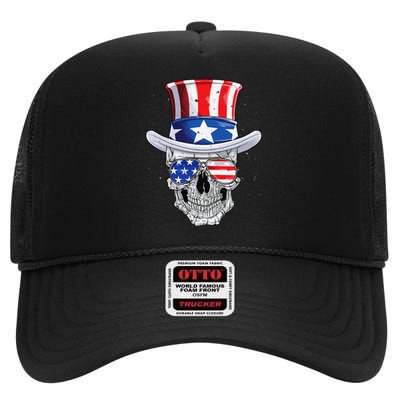 Skull 4th of July T shirt Uncle Sam American Flag High Crown Mesh Back Trucker Hat