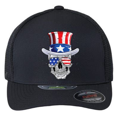 Skull 4th of July T shirt Uncle Sam American Flag Flexfit Unipanel Trucker Cap