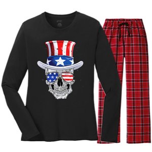 Skull 4th of July T shirt Uncle Sam American Flag Women's Long Sleeve Flannel Pajama Set 