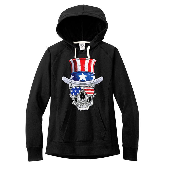 Skull 4th of July T shirt Uncle Sam American Flag Women's Fleece Hoodie