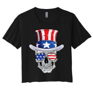 Skull 4th of July T shirt Uncle Sam American Flag Women's Crop Top Tee