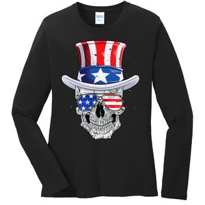 Skull 4th of July T shirt Uncle Sam American Flag Ladies Long Sleeve Shirt