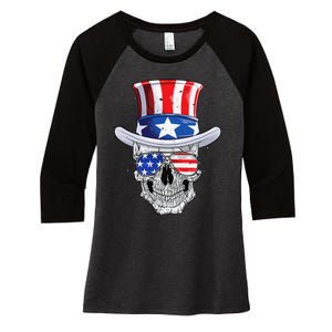 Skull 4th of July T shirt Uncle Sam American Flag Women's Tri-Blend 3/4-Sleeve Raglan Shirt