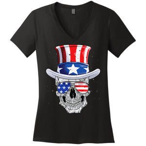 Skull 4th of July T shirt Uncle Sam American Flag Women's V-Neck T-Shirt