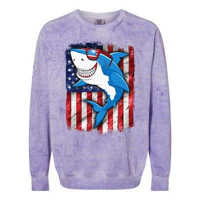 Shark 4th of July American Flag Jawsome Colorblast Crewneck Sweatshirt